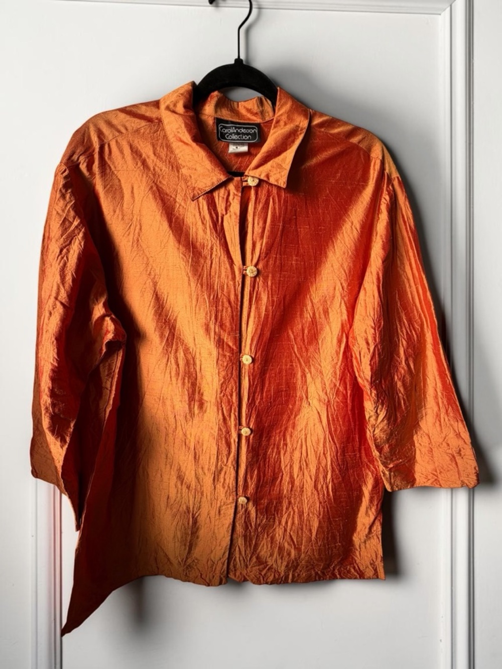 Carol Anderson Silk Blouse Shimmer Button Front Top L Boho Artistic Luxe 90s USA